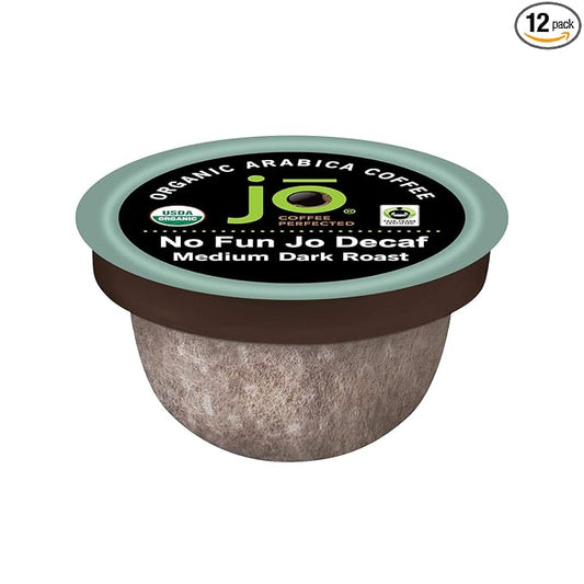 No Fun Jo Decaf: 12 Organic Compostable Pods for Keurig K-Cup Compatible Brewers, Swiss Water Process Single Serve Coffee Medium/Dark Roast Fair Trade