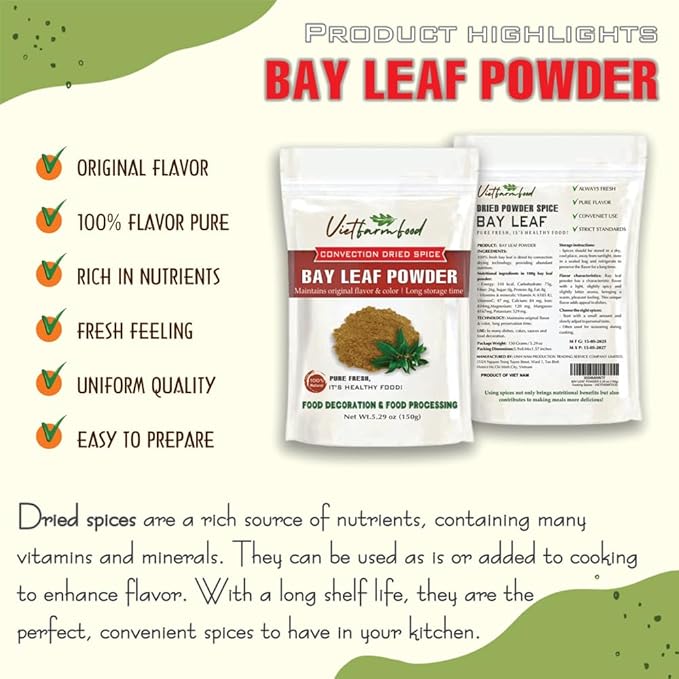 BAY LEAF POWDER 5.29 Oz (150g) VIETFARMFOOD: Pure, natural freeze-dried spice made from real vegetables and fruits - perfect for enhancing every meal, from cooking, baking, salads, soups, sauces