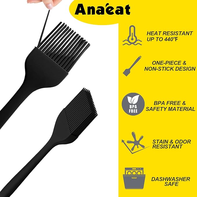 Anaeat 2 Pack Silicone Basting Pastry Brushes - Heat Resistant Brush with Soft Bristles, Hygienic One-Pieces Design, Marinade Brush Great in Baking for Spreading Oil Butter Sauce BBQ Grill (Black)
