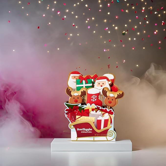 BomBombs, Christmas Cookie Bouquet, Individually Wrapped Sugar Cookies on Sticks & Sleigh Shaped Display Tray, Perfect for Holiday Parties, Set of 8