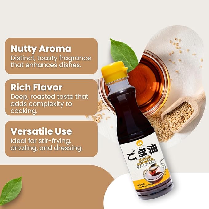 Korean Pure Sesame oil 10.14 fl oz, 100% Roasted Sesame Seed Oil with Rich Nutty Flavor, Made in Korea, Authentic Toasted Seasoning oil for Asian dishes, pantry essential for cooking