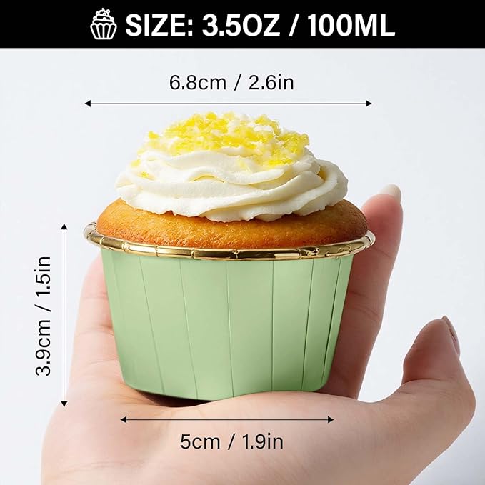 EUSOAR Cupcake Cups, 50pcs 3.5oz Muffin Cupcake Liners Disposable Ramekins, Aluminum Foil Wrappers Paper Dessert Containers Mini Cheesecakes Holders for Birthday Wedding Party-Light Green/Gold