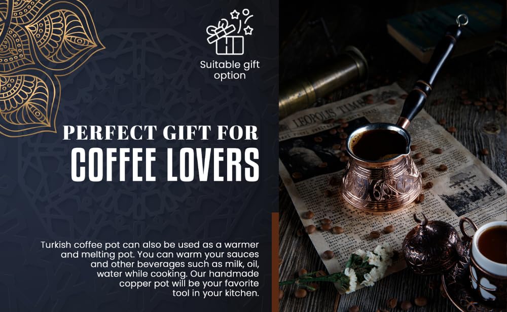DEMMEX Copper Turkish Coffee Pot Cezve Ibrik Greek Coffee Briki Stovetop Coffee Maker with Wooden