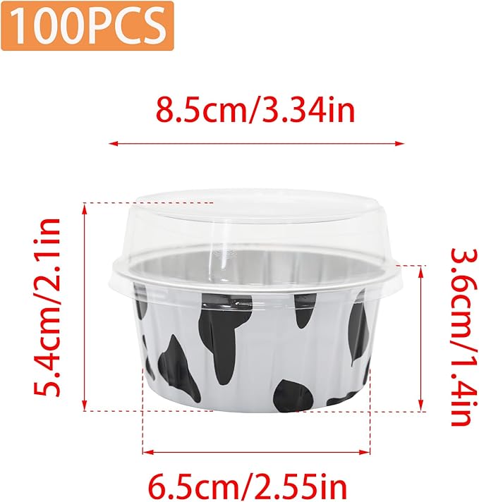 100 Pack 4.2oz Aluminum Cups with Lids Mini Flan Containers with Lids Cupcake Baking Cups, Cow Print