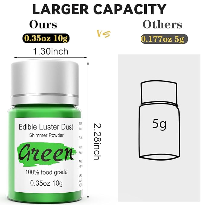 Green Luster Dust Edible Glitter for Cakes Cocktails ??10g Colaele Edible Shimmering Dust for Chocolates, Metallic Food Coloring Powder for Cake Decorating Edible Glitter for Drinks, No Gluten,Vegan