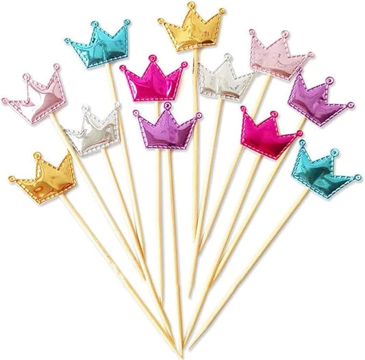 50Pcs Cupcake Toppers Heart Star and Crown Cupcake Picks Mini Cake Toppers Colorful Cake Decoration DIY Dessert Fruits Food Picks Party Decorative Accessories for Birthday Wedding Baby Shower (Crown)