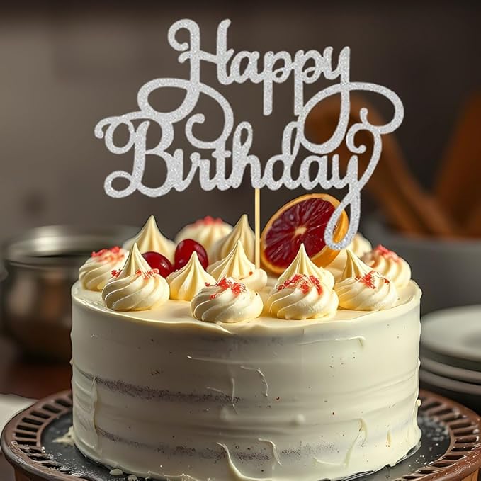1 PCS Happy Birthday Cake Topper Glitter Silver Celebration Cake Picks Happy Birthday Decorations for Anniversary Birthday Party Decorations