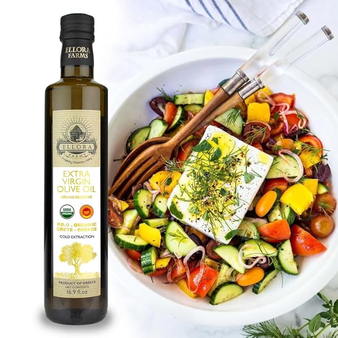 Ellora Farms, Organic Extra Virgin Olive Oil, PDO Messara, Greek Single Estate, High Polyphenol, Cold Press, Traceable & Kosher, 17 FL oz, Pack of 2