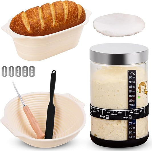 40oz Large Sourdough Starter Jar Glass Kit Wide Mouth with Silicone Bread Proofing Basket & Spatula, Aluminum Lid, Cloth Cover, Date Marked Band, Thermometer