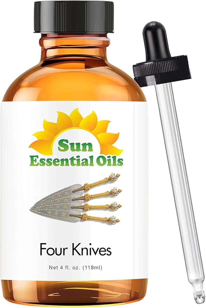 Sun Essential Oils ??4 oz Four Knives Essential Oil Blend with Eucalyptus, Clove, Rosemary, Lemon & Cassia ??Spicy Scent for Diffuser, Skin, Candle Making, Cleaning, DIY & More ??Dropper Included