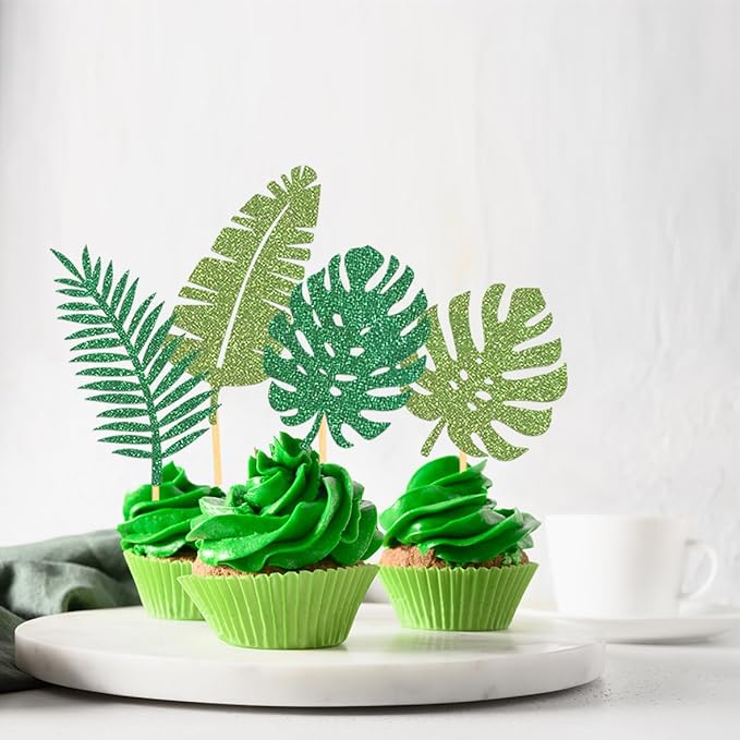 24Pcs Glitter Tropical Cupcake Toppers, Tropical Palm Leaves Cake Topper Aloha Decorations for Summer Luau Hawaiian Theme Baby Shower Birthday Party Supplies(Leaves A)
