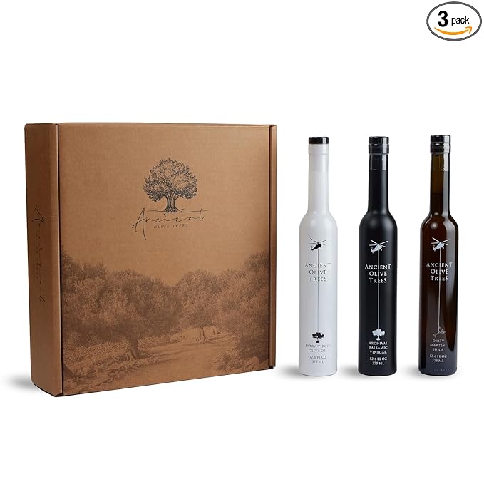 ANCIENT OLIVE TREES - Balsamic Vinegar with Extra Virgin California Olive Oil and Dirty Martini Juice | Each 12.6 FL. OZ.