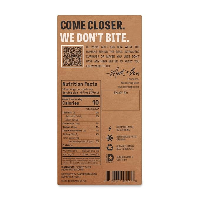 Wandering Bear Decaf Cold Brew Coffee On Tap, 96 fl oz - Bold, Smooth, Unsweetened, Shelf-Stable, Ready to Drink, Iced Cold Brewed Coffee Drinks - Gluten Free & Vegan Decaf