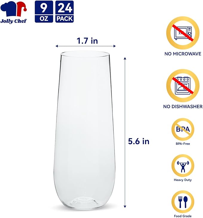 JOLLY CHEF 24 Pack Stemless Plastic Champagne Flutes Disposable 9 Oz Gold Rim Clear Plastic Toasting Glasses Shatterproof Recyclable