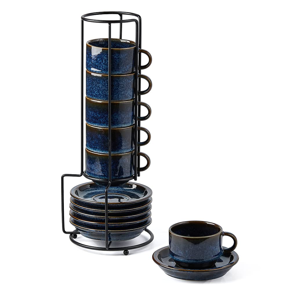 JIEMEI HOME Porcelain Stackable Espresso Cups with Saucers and Metal Stand,4 Ounce Demitasse Cups