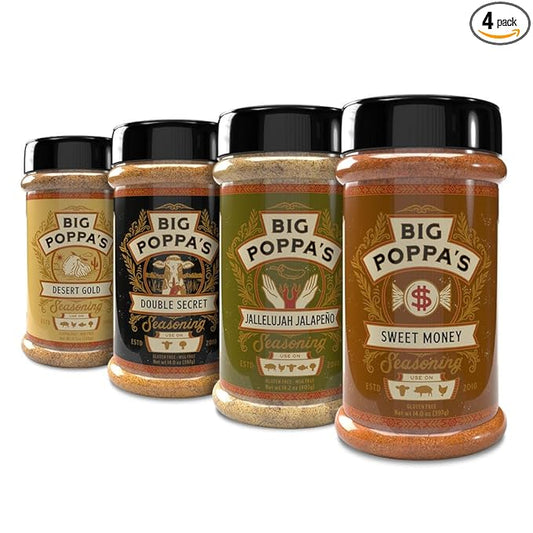 Big Poppa's Must Have BBQ Bundle (4-Pack) – Includes Sweet Money, Double Secret, Desert Gold, and Jallelujah Jalapeno Seasoning – Versatile, Gluten-Free Pack of Spices and Seasonings