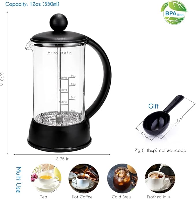 Easyworkz Eclipse French Press 12 oz Coffee Tea Maker with Borosilicate Glass
