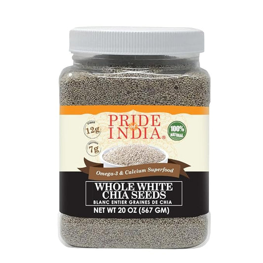 Pride Of India - Whole White Chia Seeds Raw Natural - 1.25 Pound (20 Oz) Jar with 24+ Servings - Omega-3 & Calcium Superfood - Great in smoothies, yogurt, baking, cereal, cookies, breakfast and more