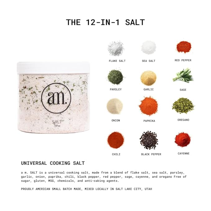 AM SIGNATURE SALT | Universal Cooking Signature Salt | All-Natural Seasoned Salt Blend of Gourmet Flake Kosher Salt, Herbs, Spices | 12oz | Created by Chef Marco and Aubrey Niccoli