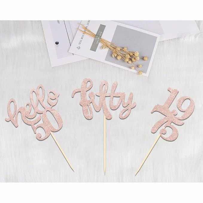 24 Pcs Rose Gold Glitter 50th Birthday Cupcake Toppers for 50th Birthday Celebrating Party Decorations