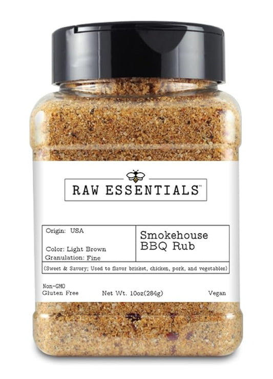Raw Essentials Smokehouse BBQ Rub ??Sweet and Savory ??Use to Season Brisket, Chicken, Pork, and Vegetables ??Non-GMO, Gluten Free, Vegan ??10 Ounce Bottle