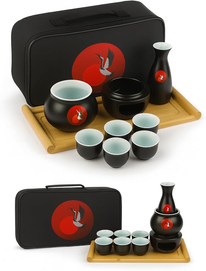 Japanese Sake Cup Set with 6 Ceramic Cups, 1 Ceramic Sake Bottle, 1 Ceramic Sake Warmer, Bamboo Tray, and Cloth Carrying Case - Perfect Hot Sake Set for Authentic Japanese Experience (Black/White)