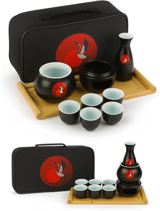 Japanese Sake Cup Set with 6 Ceramic Cups, 1 Ceramic Sake Bottle, 1 Ceramic Sake Warmer, Bamboo Tray, and Cloth Carrying Case - Perfect Hot Sake Set for Authentic Japanese Experience (Black/White)