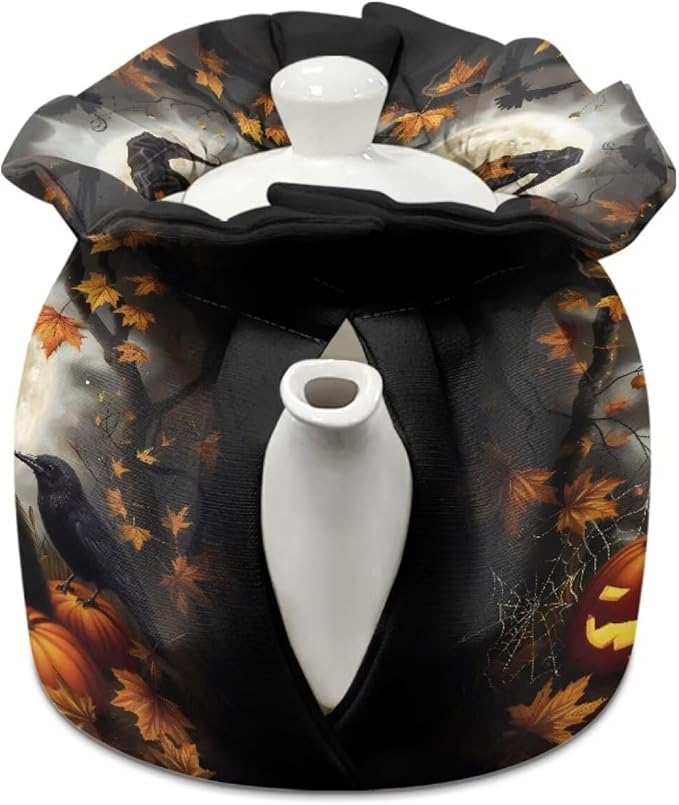 Black Cat Tea Cozy for Teapot Insulated Pumpkin Tea Cozies Covers for Halloween Day Resuable Teapot Insulation Cover with Drawstring,Designed in England Breakfast Warmer