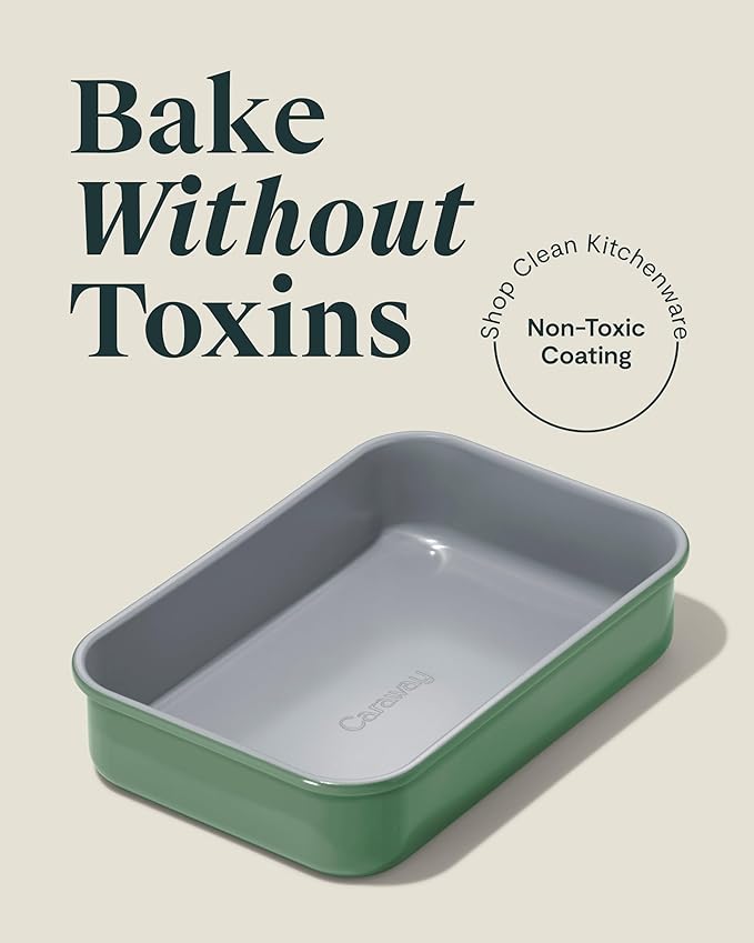 Caraway Nonstick 9??x 6.5??Small Rectangle Baking Pan ??Non-Toxic, PTFE & PFOA Free ??Aluminized Steel Core ??Deep Ceramic Baking Pan for Casseroles, Lasagna & More - Sage