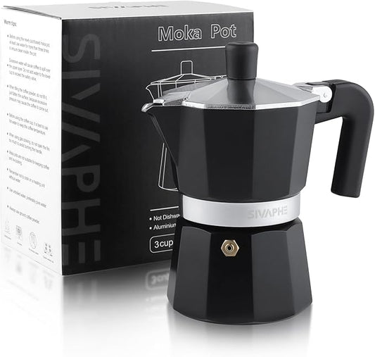 Sivaphe Aluminum Moka Pot 3 Espresso Cups, Percolator Espresso and Coffee Maker, Portable Stovetop Italian and Cuban Cafì±?Brewer for Home and Camping Black