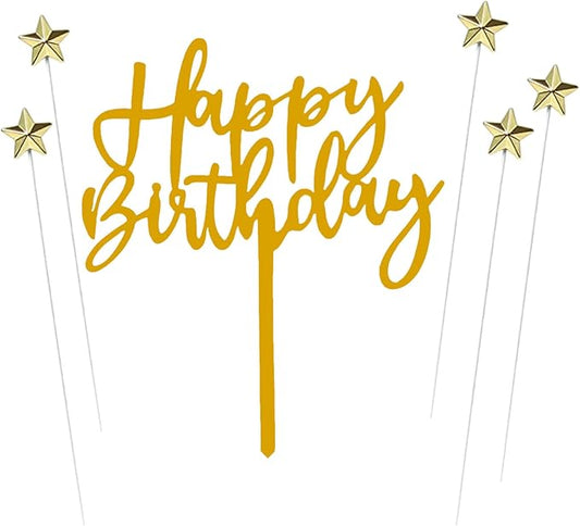 ZHENGYE Set of 1 Black Acrylic Happy Birthday Cake Topper And 5 Pieces Gold Star-Shaped Cupcake Topper Cake Decoration Supplies for Baby Shower Birthday Decorations(Black 16)