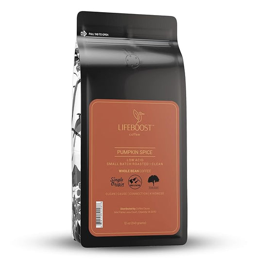 Lifeboost Pumpkin Spice Coffee Whole Bean ??Organic, Low Acid, Non-GMO - Cozy Fall Time Blend ??Single Origin Medium Roast, Mycotoxin-Free Flavored Coffee, 12 oz