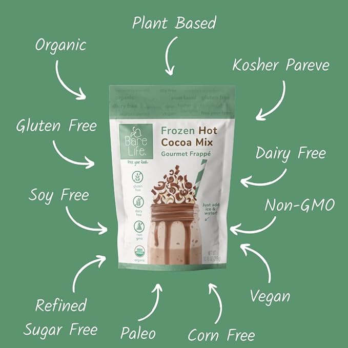 Bare Life: Dairy Free Frozen Hot Cocoa | Blended Premium Frappe Iced Hot Chocolate Smoothie | Vegan, Organic, Gluten Free, Paleo, Lactose Free, Soy Free | 10.16 oz