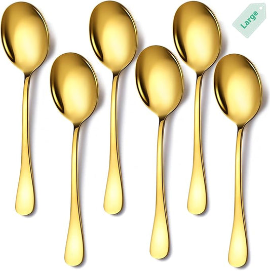 Stainless Steel Serving Spoons Set, 6pc, 10-Inch, Includes 6 Large Spoons, for Parties/Kitchen/Buffet/Catering, Dishwasher Safe, Gold