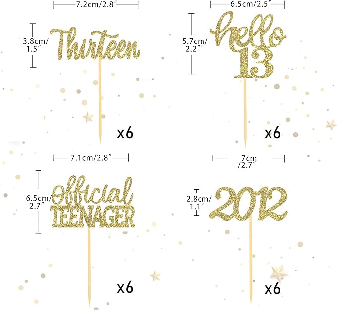 24Pcs Glitter 13th Birthday Cupcake Toppers, Hello 13th Birthday Cake Topper- 13th Birthday Decorations for Celebrating Official Teenager Thirteen Years Old Birthday Party Supplies (Gold)