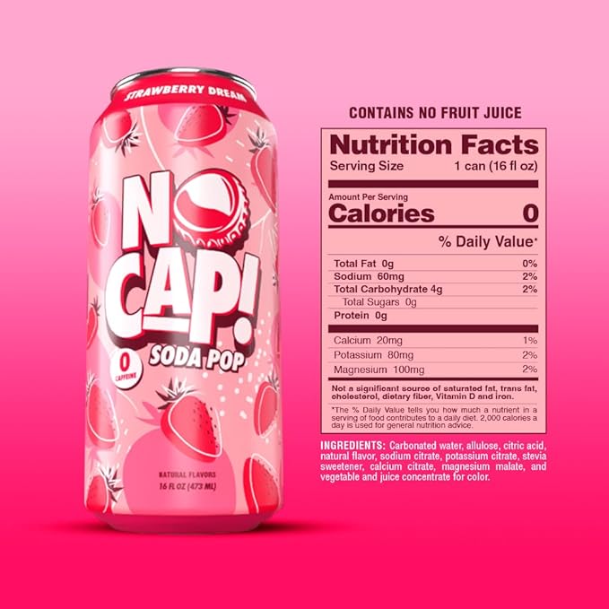 No Cap! Healthy Soda Drinks For Kids, Teenagers & Adults, Natural Flavors, Zero Sugar, Zero Calories, Caffeine Free,16 Oz Cans, (12 Pack) Strawberry Dream