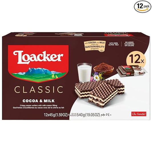 Loacker Classic Cocoa & Milk Wafers - Premium Crispy Cocoa Wafer Cookies with Milk Cream Filling - Multipack of 12 Snack Packs - NON-GMO - 45g/1.59oz, Pack of 12