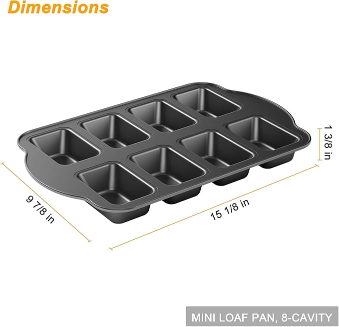Tiawudi 2 Pack Non-Stick Mini Loaf Pan, Carbon Steel Baking Bread Pan, 8-Cavity