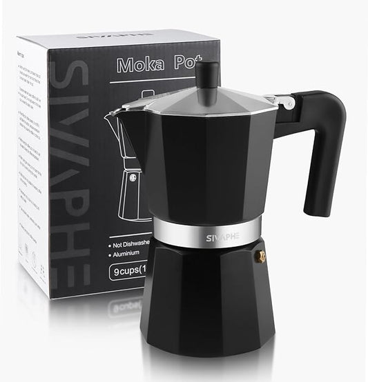 Sivaphe Aluminum Moka Pot 9 Espresso Cups, Percolator Espresso and Coffee Maker, Portable Stovetop Italian and Cuban Cafì±?Brewer for Home and Camping Black