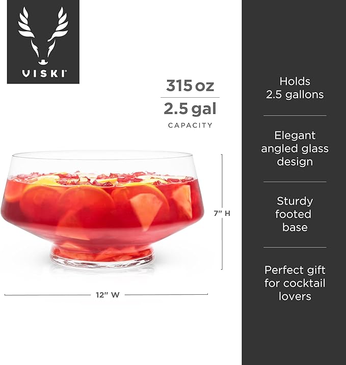 Viski Footed Glass Punch Bowl, Heavy Base Large Punch Bowl with Angled Design, Party Serveware for Cocktails & Functional Centerpiece, Clear, 2.5gal