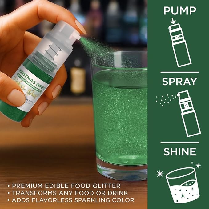 Bakell - Christmas Green Tinker Dust (4g, 1x Mini Spray Pump) Edible Glitter for Food, Desserts, and Beverages!