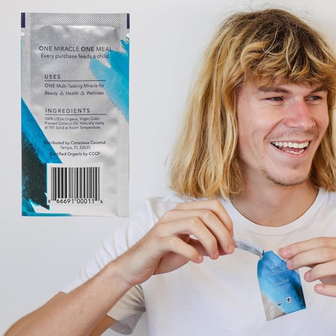 Conscious Coconut Organic Coconut Oil Packets, Coconut Oil for Skin Care and Hair Care, MCT Travel Packets, Eczema, Sunburns, Small Batch, Fair Trade 5 packets