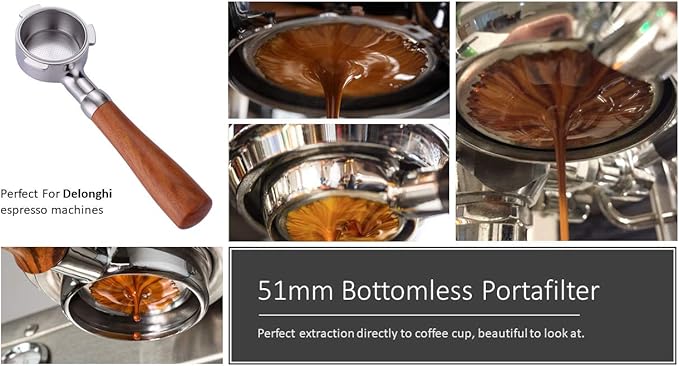 51mm Bottomless Portafilter Fits DeLonghi EC680 and EC685 Espresso Machine Stainless Steel Naked Portafilter Along with Double Shot Filter Basket Coffee Bottomless Handle-Wooden