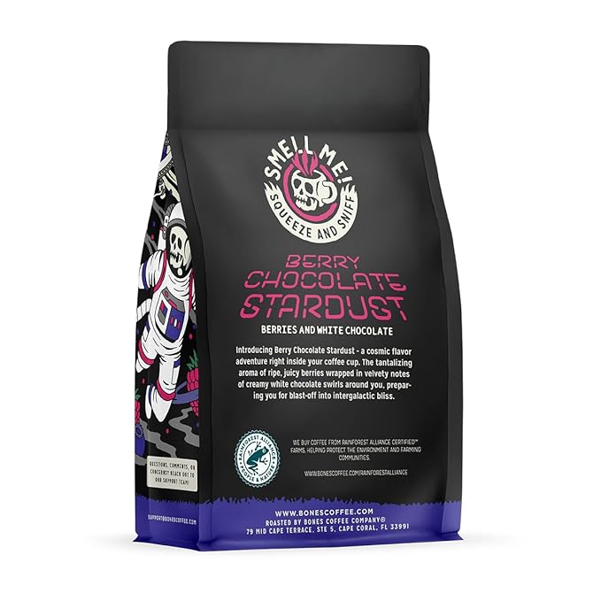 Bones Coffee Company Berry Chocolate Stardust, Berries and White Chocolate Flavored Coffee, Medium Roast Low Acid Arabica Beans For Auto drip and French Press Coffee Maker, 12 Oz Whole Bean