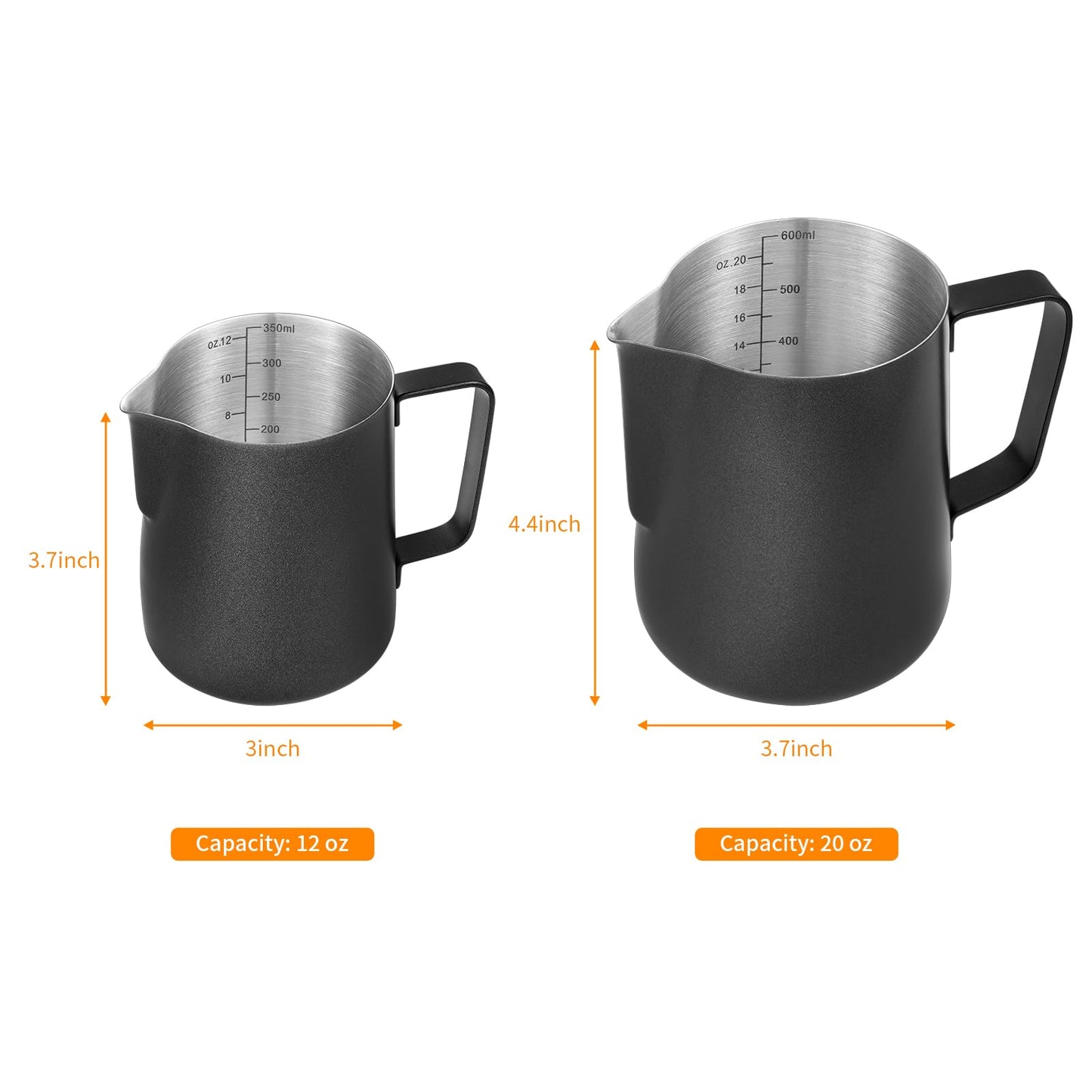 2 Pack Matte Black Milk Frothing Pitcher, 12oz/350ml & 20oz/600ml Espresso Steaming Pitcher