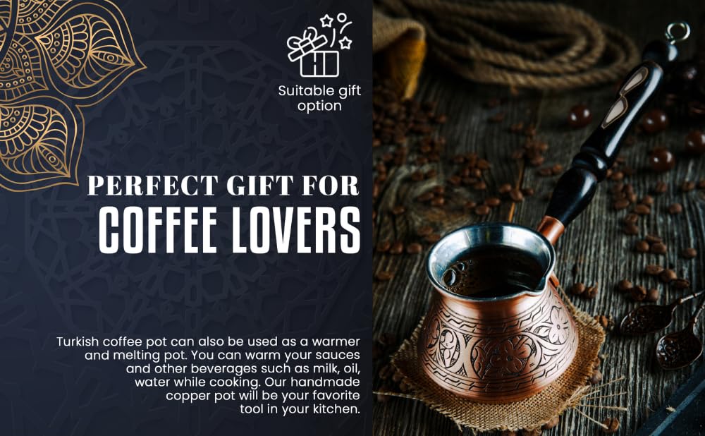 DEMMEX Copper Turkish Coffee Pot Cezve Ibrik Greek Coffee Briki Stovetop Coffee Maker with Wooden