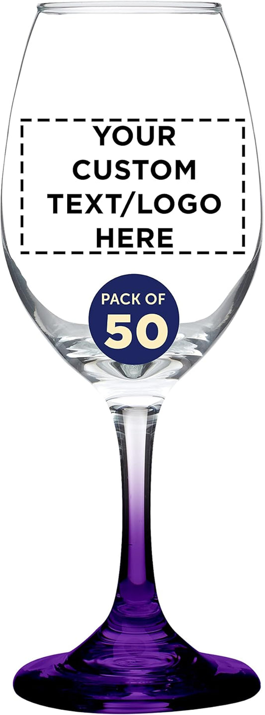 Custom Rioja Wine Glasses with Stem 10 oz. Set of 50, Personalized Bulk Pack - Color Bottom, Perfect for Wedding, Party Favors, Birthday, Bridal Shower Gifts - Purple