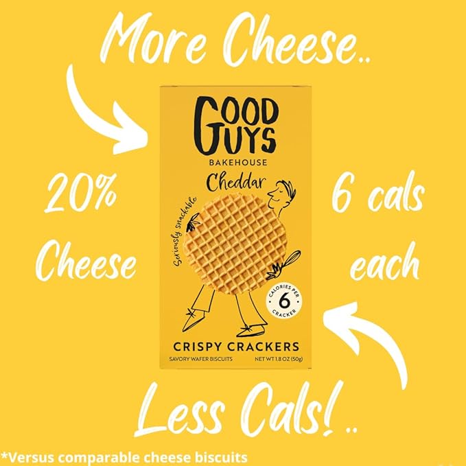 NEW! Good Guys Cheddar Crackers | Low Calorie Snacks |Tasty, Crispy, Healthy Cheese Crackers | 39 Biscuits Per Pack. Non-GMO | 8 Packs