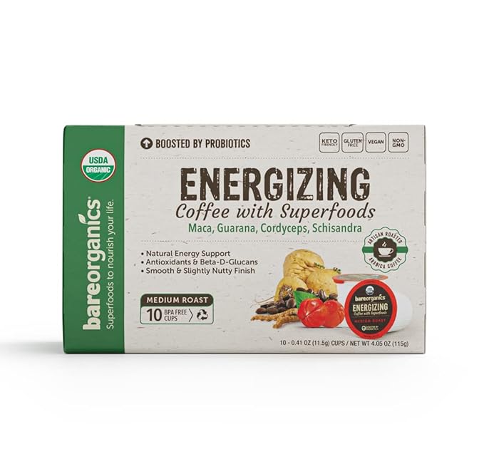 Bare Organics 14198 ENERGIZING USDA Organic Coffee Infused with Superfoods & Probiotics, Compatible Pods, Vegan, Gluten Free, 10ct (Pack of 6)