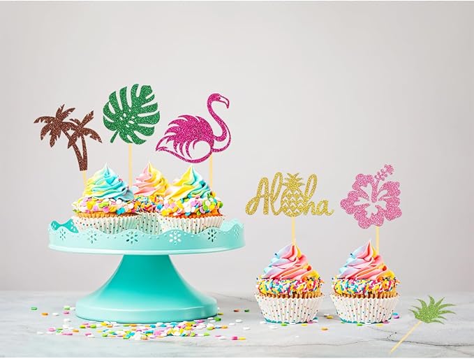 24Pcs Tropical Cupcake Toppers, Luau Cake Topper Aloha Cupcake Picks Pineapple Flamingo Cupcake Decorations for Hawaiian Luau Theme Baby Shower Birthday Party Supplies (Aloha A)